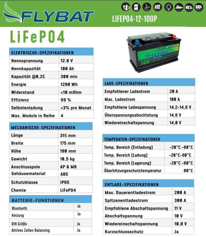 FLYBAT LiFePO4 Lithium-Batterie 12V 100Ah