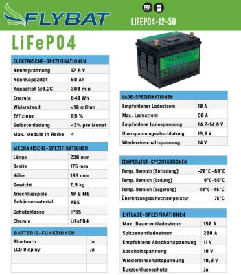 FLYBAT LiFePO4 Lithium-Batterie 12V 50Ah